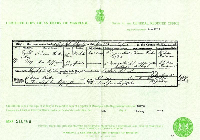 Denis Foster & Ann Rippington 1859 Marriage Certificate